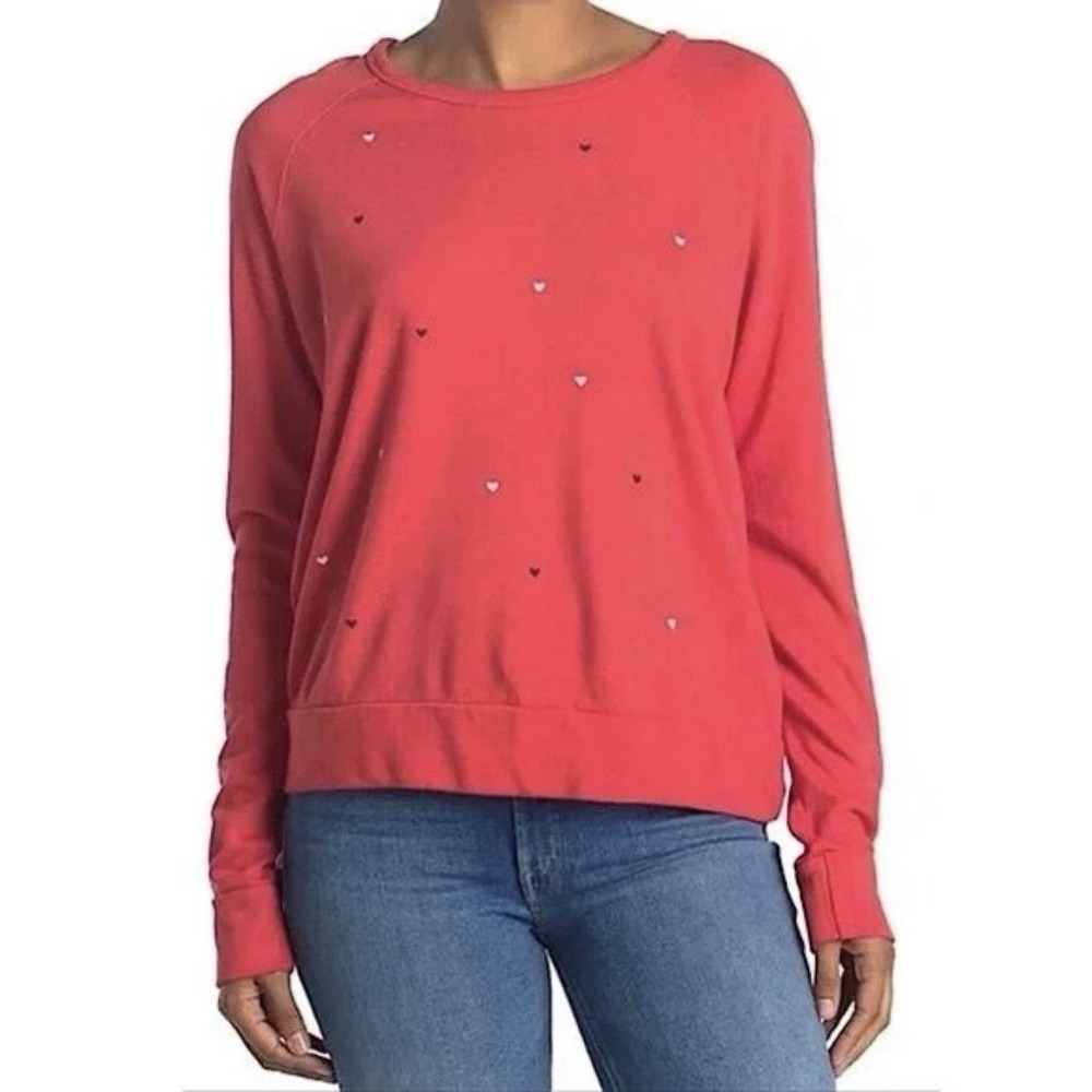 Sundry Sweatshirt‎ Women's Size 1-SM Cherry Red Raglan Hearts Crew Bateau Neck